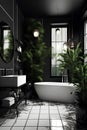 Stylish interior of bathroom in black and white colors with decorative plants in flowerpots in modern house Royalty Free Stock Photo