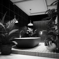 Stylish interior of bathroom in modern house. Black and white image Royalty Free Stock Photo