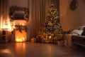 Stylish interior with decorative fireplace and beautiful Christmas tree