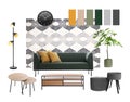 Stylish interior design. Different decorative elements and furniture on white background. Mood board collage