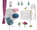 Stylish interior design. Different decorative elements and furniture on white background. Mood board collage