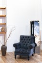 Scandinavian style interior living room. Blue armchair, wooden shelves, mirror Royalty Free Stock Photo