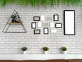 Stylish interior design of living room with white blick wall, plant in rattan pot. Home decor Royalty Free Stock Photo