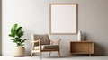 Stylish interior design of living room with wooden retro commode, chair, tropical plant in rattan pot, basket and elegant personal