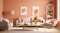 interior of the fashionable Apricot Crush room is peach-orange. Design of a living room with a sofa, indoor plants Royalty Free Stock Photo