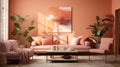 stylish interior of the fashionable Apricot Crush room is peach-orange. Design of a living room with a sofa, indoor Royalty Free Stock Photo