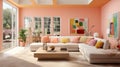 stylish interior of the fashionable Apricot Crush room is peach-orange. Design of a living room with a sofa, indoor Royalty Free Stock Photo