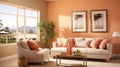 interior of the fashionable Apricot Crush room is peach-orange. Design of a living room with a sofa, indoor plants Royalty Free Stock Photo