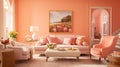 interior of the fashionable Apricot Crush room is peach-orange. Design of a living room with a sofa, indoor plants Royalty Free Stock Photo