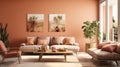 stylish interior of the fashionable Apricot Crush room is peach-orange. Design of a living room with a sofa, indoor Royalty Free Stock Photo