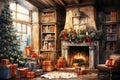 Stylish interior of living room with Blazing fireplace and decorated Christmas tree. Christmas and New Year celebration concept. Royalty Free Stock Photo