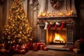 Stylish interior of living room with Blazing fireplace and decorated Christmas tree. Christmas and New Year celebration concept. Royalty Free Stock Photo