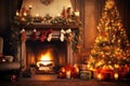 Stylish interior of living room with Blazing fireplace and decorated Christmas tree. Christmas and New Year celebration concept. Royalty Free Stock Photo