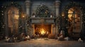 Stylish interior of living room with Christmas decoration fireplace. Christmas decoration. Royalty Free Stock Photo