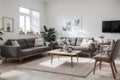 Stylish interior living room with comfortable gray color real photo modern sofa tv carbinet dinning table Royalty Free Stock Photo