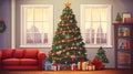 Stylish interior of living room with decorated Christmas tree. ai generative Royalty Free Stock Photo