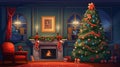 Stylish interior of living room with decorated Christmas tree. ai generative Royalty Free Stock Photo