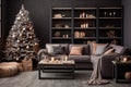 Stylish interior of living room with decorated Christmas tree. Generative AI Royalty Free Stock Photo