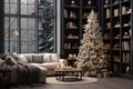 Stylish interior of living room with decorated Christmas tree. Generative AI Royalty Free Stock Photo