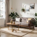 Stylish interior of living room with design furniture, gold pouf, plant, mock up poster frames, carpet, accessoreis and beautiful