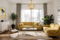 Stylish interior of living room with design furniture, gold pouf, plant, mock up poster frames, carpet, accessoreis and beautiful