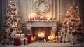 Stylish interior of living room with fireplace decorated Christmas tree. Christmas decoration. Royalty Free Stock Photo