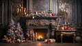 Stylish interior of living room with fireplace decorated Christmas tree. Christmas decoration. Royalty Free Stock Photo