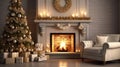 Stylish interior of living room with fireplace decorated Christmas tree. Christmas decoration Royalty Free Stock Photo