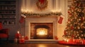 Stylish interior of living room with fireplace decorated Christmas tree. Christmas decoration Royalty Free Stock Photo