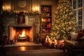 Stylish interior of living room with fireplace decorated Christmas tree. Christmas decoration. Generative AI Royalty Free Stock Photo