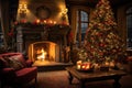 Stylish interior of living room with fireplace decorated Christmas tree. Christmas decoration. Generative AI Royalty Free Stock Photo