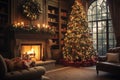 Stylish interior of living room with fireplace decorated Christmas tree. Christmas decoration. Generative AI Royalty Free Stock Photo