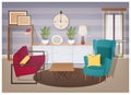Stylish interior of living room full of modern furniture and home decorations - comfy armchairs, coffee table, shelving