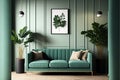 Stylish interior of living room with mint sofa, design furnitures, plants, pillow, elegant accessories, mock up poster frame and Royalty Free Stock Photo