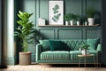Stylish interior of living room with mint sofa, design furnitures, plants, pillow, elegant accessories, mock up poster frame and Royalty Free Stock Photo