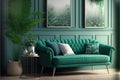 Stylish interior of living room with mint sofa, design furnitures, plants, pillow, elegant accessories, mock up poster frame and Royalty Free Stock Photo