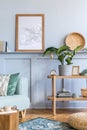 Stylish interior of living room with mock up poster frame, design sofa, wooden cube, console, plant, carpet, pillows, plaid, books