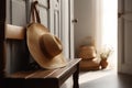 Stylish interior of modern hallway with bench and female shoes, bag and hat