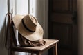 Stylish interior of modern hallway with bench and female shoes, bag and hat