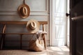 Stylish interior of modern hallway with bench and female shoes, bag and hat