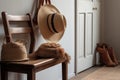 Stylish interior of modern hallway with bench and female shoes, bag and hat