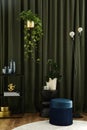 Stylish interior of modern living room with glamour design pouf, plants, black console and creative personal accessories. Urban.