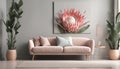 Stylish interior of room with sofa and beautiful protea flower on wall