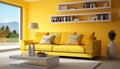 Stylish and inviting modern living room with vibrant yellow tones and captivating wall art
