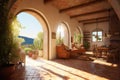 Stylish Italian house terrace, living room interior. Generative AI Royalty Free Stock Photo