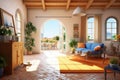 Stylish Italian house terrace, living room interior. Generative AI Royalty Free Stock Photo