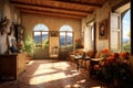 Stylish Italian house terrace, living room interior. Generative AI Royalty Free Stock Photo