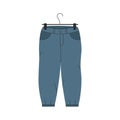 Stylish jeans pants on hanger. Cartoon classic unisex clothes, female male casual fashion apparel. Vector illustration