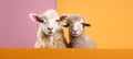 Stylish and joyful goats posing on solid pastel background in a fashion studio shot with text space