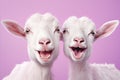 Stylish and joyful goats posing on a solid pastel color background for fashion shot with copy space